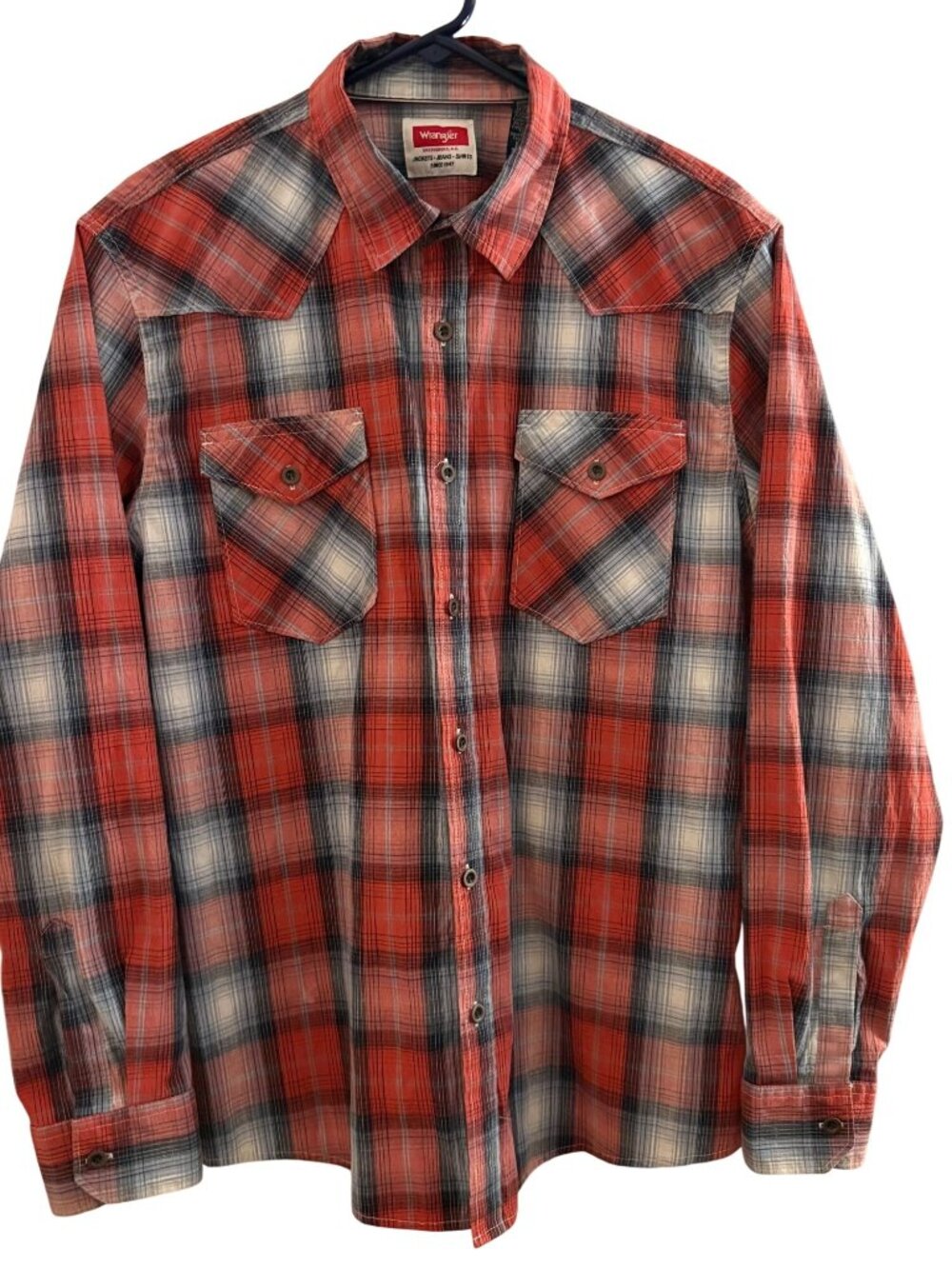 Wrangler Mens Red & Black Plaid Western Button Shirt Large L/S Chest Pockets